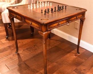 ITEM 42: Theodore Alexander Game Table  $875
Model #5205-018 Very good condition. Leather top embossed with a checkered game board. 32" x 32" square table, 31" tall