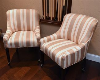 ITEM 43: Pair Upholstered Chairs on Casters $295
Orange/copper and brown/bronze striped chairs. 24" x 18" x 34.5" tall