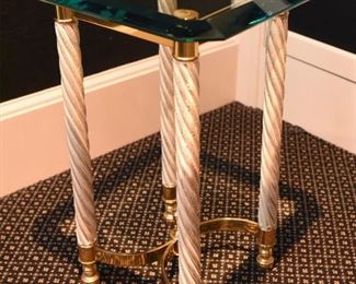 ITEM 59: Brass & Glass Side Table  $55
Beveled edge glass on wood legs with brass fittings. 14" x 14" x 22" tall