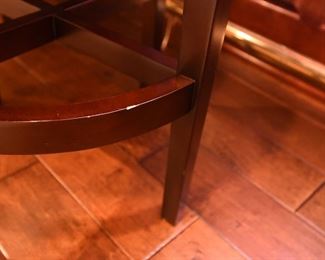 ITEM 63: Three Orange Faux Suede Swivel Bar Stools  $550
Good condition. Some dings to dark wood, can be fixed with a wood stain pen.