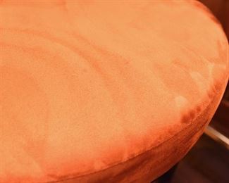 ITEM 63: Three Orange Faux Suede Swivel Bar Stools  $550
Good condition. Some dings to dark wood, can be fixed with a wood stain pen.