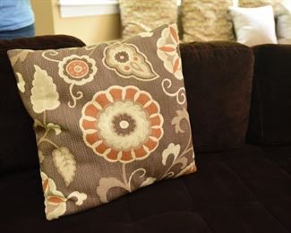 ITEM 72: Three Orange Flower Pillows  $30
Each pillow is brown with orange, cream, and tan flowers. 19.5" square. 