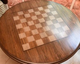 ITEM 84: Pedestal Game Table   $245
Blue/gray painted pedestal. Natural wood top, stenciled game field. 41" round, 30.5" tall. This hasn't been in the basement long - the stagers moved it down there a few weeks ago. 