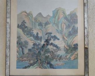 #27 - $250 - "MOUNTAIN SCENE" by OH CHANG CHOU. Framed in mirror frame (frame does have some silver rubbed off (see pictures) Image is 30" by 26"