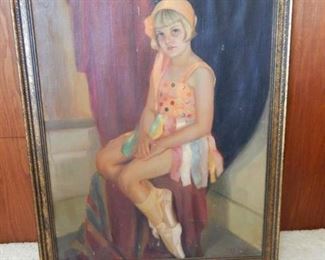 #36 - $150 - Oil Painting by Gertrude Orde titled "Evelyn Frey in Dance Costume, 1930". In nice gold frame. Oil Painting displays well there is some age wear and some issues (see pictures)
