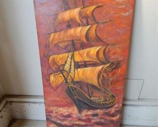 #89 - $20 - Vintage Oil Painting of Ship - 24" by 48" Tall - Signed Joe Brown 1976