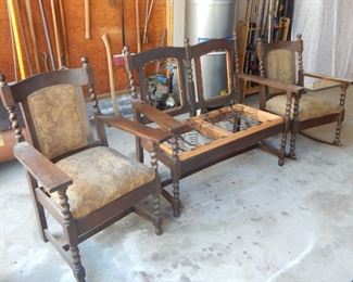 #100 - $20 - Antique Bench, Rocker, and Chair. Obviously the bench needs reupholstering. Nice matching set