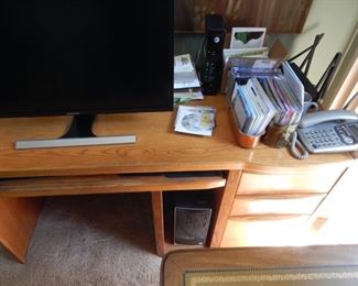 #114 - $45 - (3) Drawer Oak Computer Desk - 56" wide, 24" Deep, and 29" Tall