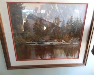#115 - $20 - Mountains with Native Americans - Framed measures 40" by 35" image is 29" by 24" 594/1000