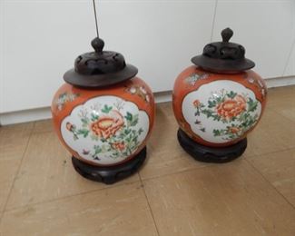#157 - $30 - Pair of Ginger Jars - Wooden Lids and stands
