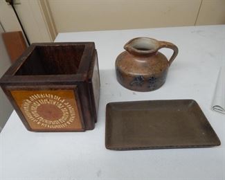 #162 - Mid Century Items (3) tile planter, metal tray, and ceramic jug by