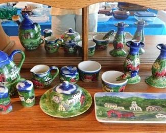 $130.  13 PIECE SET OF ROSEANNE HENNING COUNTRY FARMHOUSE ORIGINAL DESIGN HAND PAINTED SERVING DISHES.  INCLUDES A TEAPOT, S/P SHAKERS, 2 CANDLE HOLDERS, CHEESE TRAY, SUGAR, CREAMER, MEAT TRAY, DIPPING SAUCE BOWLS AND BUTTER KNIFE.  Email us or call 512-954-3050 to buy it now or make an offer.