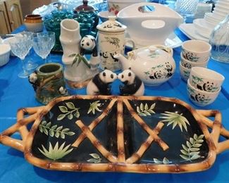 PANDA AND BAMBOO THEMED ITEMS.  DIVIDED TRAY - $10.  PANDA S/P SHAKERS - $15.  TEA POT AND 5 SAKI CUPS - $25.  SMALL W/2 PANDAS - $10. 
LARGE PANDA STEM VASE - 15.  LIDDED LARGE HANDLED MUG - $10.  Email us or call 512-954-3050 to buy it now or make an offer.