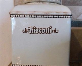 $20.   LARGE "BISCOTTI" CERAMIC CANISTER.  Email us or call 512-954-3050 to buy it now or make an offer.