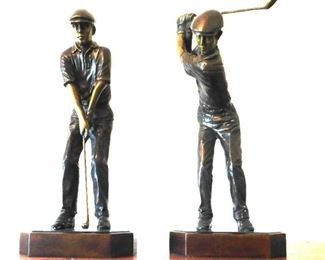 $30 EACH.  PAIR OF BRONZE GOLFERS ON WOOD STAND.  MADE IN CHINA.  Email us or call 512-954-3050 to buy it now or make an offer.