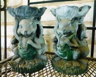 $10.  PAIR OF SQUIRREL BIRDBATHS.  SUN-FADED.