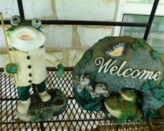 $5 EACH.  WELCOME FROG SIGN AND FISHING FROG STATUE.