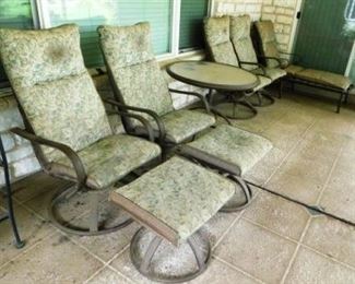 $200.  8 PIECE PATIO SET.  INCLUDES 4 CHAIRS, TABLE, CHAISE LOUNGER AND TWO OTTOMANS.  THERE IS SOME WEAR ON THEM AS SEEN IN THE PICS BUT OVERALL IN GOOD CONDITION.  Email us or call 512-954-3050  to buy it now or make an offer.