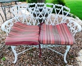 $125. WHITE IRON TWO-SEATER IRON BENCH.  Email us or call 512-954-3050  to buy it now or make an offer.