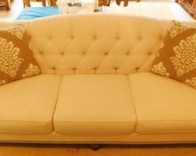 $150.  OFF-WHITE FABRIC SOFA AND PILLOWS.  89" LONG.  36" DEEP.  36" TALL.