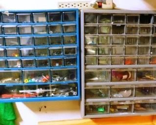 $25.  2 HARDWARE BINS FULL OF ASSORTED NUTS AND BOLTS.