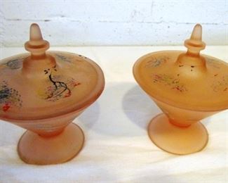 Auction #16 ... pair of dresser dishes, with hand painting on pink frosted glass.  About 4" across each lid.