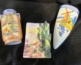 Auction #20 ... mid-century Japanese art pieces .  2 vases are 5" tall. Wall pocket is 7" long.  All marked "Japan" 