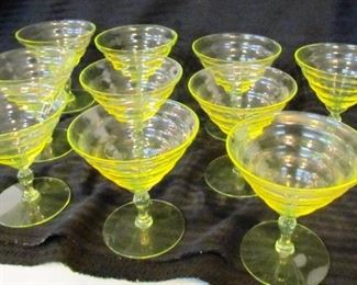 Auction #22:  Vaseline glass 4 1/2" tall cocktails, set of 10.  Made in 1920's by Utility Glass Works  in Maryland for their "Cambodia" line.  Opening bid: $5