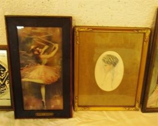 Auction #28 ... Ladies art prints in period frames ... Dancer has tag reading "Twirly Whirly" ...  from 1920's
