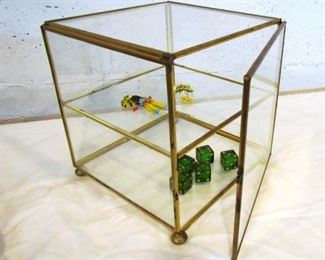 Auction #32 ... glass cube display (items inside to show size) ... 6 " on each side ... catch on door is missing ... 