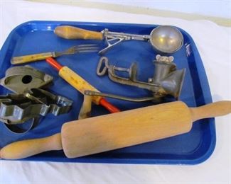 Auction #33 ... kitchen ware lot:  note the ice cream scoop and the miniature grinder.  3 cookie cutters, 2 rolling pins, early 19th c. fork.  All for one money!  Opening bid:  $5
