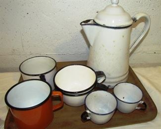 Auction #35 ... Enamel ware lot .. including coffee pot and mugs/cups ... some chips on enamel finish ... All for one money!  