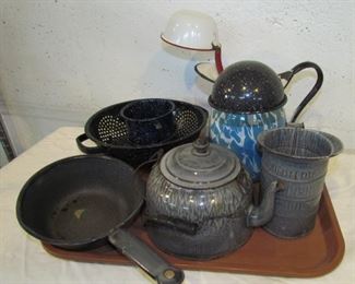 Auction #36 ... Gray and blue enamelware collection ... 9 pieces in all ... most in good condition, with some wear/chips ...  all for one money ...