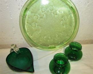 Auction #38 ... green glass lot, including depression glass footed platter, swan neck nut bowl and 2 small vases