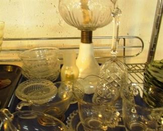 Auction #40 ... mixed glass lot (10 pieces) including clear glass oil lamp with milk glass base, glass bell, etc.  