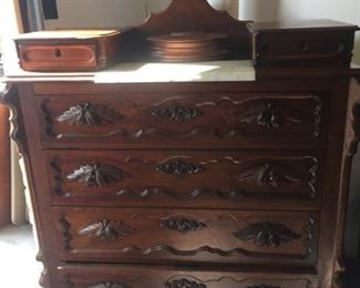 Antique Walnut Dresser with Marble inset Top - Carved Front and Handles Amazing Piece