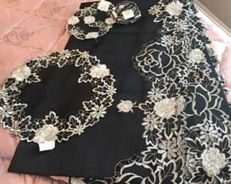 Hand Embroidered Set of Black Rectangular Tablecloth, Doilies and Coasters by "Mr. Tablecloth"
