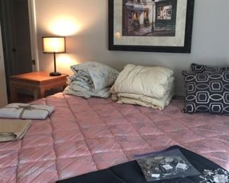 King Bed Mattress set and Frame, Comforters, Decorative Pillows, Black Rectangle Lace Table Cloth with matching Doilies by