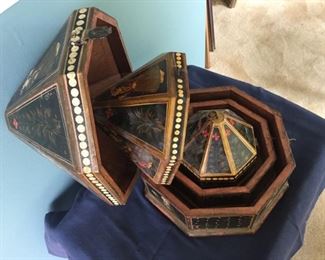 Three Nesting Octagon Wood Inlaid Boxes