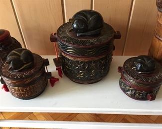 Three Wood Sleeping Cat Round Boxes