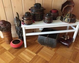 Asian Art Pieces on Nice White Bench