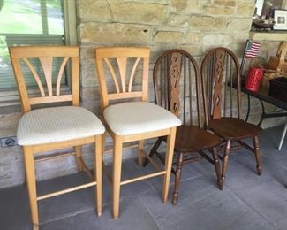 Two Wood Kitchen Bar Stools and Two Nice Carved- Back Wood Kitchen Chairs
