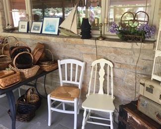 Two Nice White Chairs, Lake and Boat Decor, and Baskets