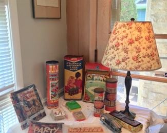 Vintage Toys: Lincoln Logs, Dominoes, Pin the Tail on the Donkey, Baseball Game, Tinker Toys