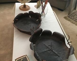 Vintage Globe, Two Metal Leaf Decor Bowls