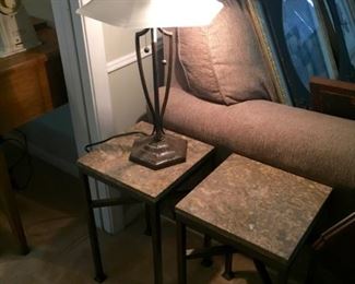 Very Nice Metal Base Lamp with Glass Shade and Two Matching End/Side Tables w/ Marble Tops