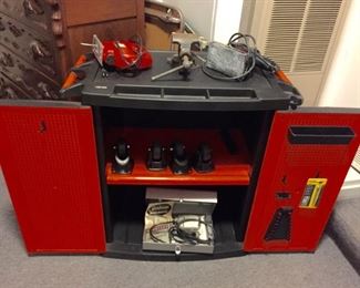 Black and Decker Tool Storage Cabinet, Power Tools include: Vintage Sunbeam Drillmaster, Black & Decker Variable Speed Drill, Craftsman Dual Motion Orbital Sander, and Vise
