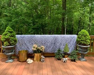 Near new Ralph Lauren King duvet & cover $50; brass planter $25; brass planter w lions heads $30; artificial hydrangeas $18; conch $10; garden rabbit $10; pair of artificial fir trees $20; moss topiary $12; garden angel $10; pair of gorgeous concrete garden urns with plants $95