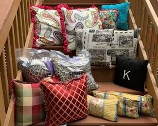 4 Coordinating Pillows ($25) ; Red & Gold (2) $12 ; 2 Printed B & W ($12) ; K ($5) ;  Pr. Animal Print, new in bags ($30) ; 3 Yellow lumbars ($12)