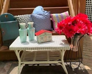 S/4 dec. pastel pillows $20 ; Ptd. Hanging Key Cupboard $25 ; Pr. Celadon Urns $40 ; Vintage Jewelry Box $8 ; White Wicker Coffee Table $25 ; Gerber Daisies w standing Urn  $25